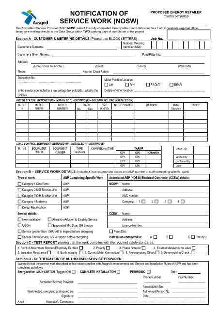 NOTIFICATION OF SERVICE WORK (NOSW) - Ausgrid