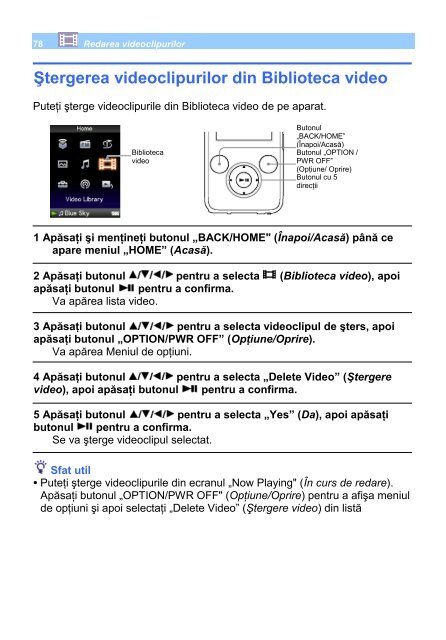 Sony NWZ-S636F - NWZ-S636F Istruzioni per l'uso Rumeno