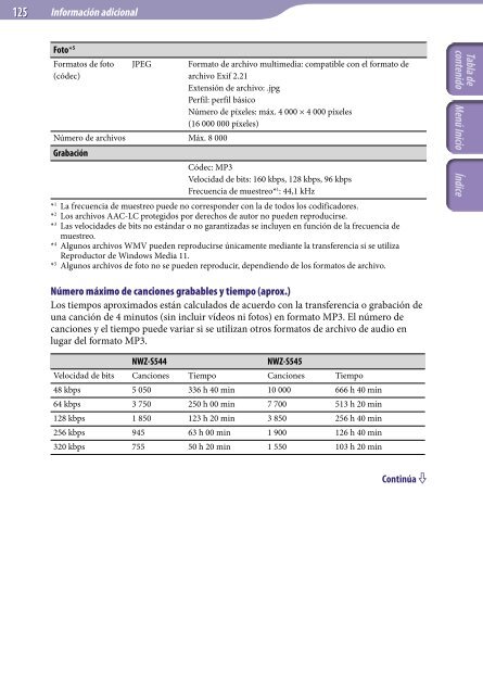 Sony NWZ-S544 - NWZ-S544 Istruzioni per l'uso Spagnolo