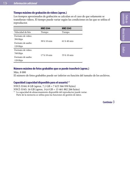 Sony NWZ-S544 - NWZ-S544 Istruzioni per l'uso Spagnolo