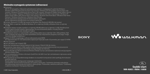 Sony NW-A805 - NW-A805 Istruzioni per l'uso Polacco