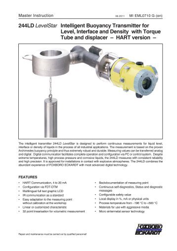 244LD LevelStar Intelligent Buoyancy Transmitter for Level - Invensys