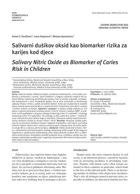 Salivarni dušikov oksid kao biomarker rizika za karijes kod djece ...
