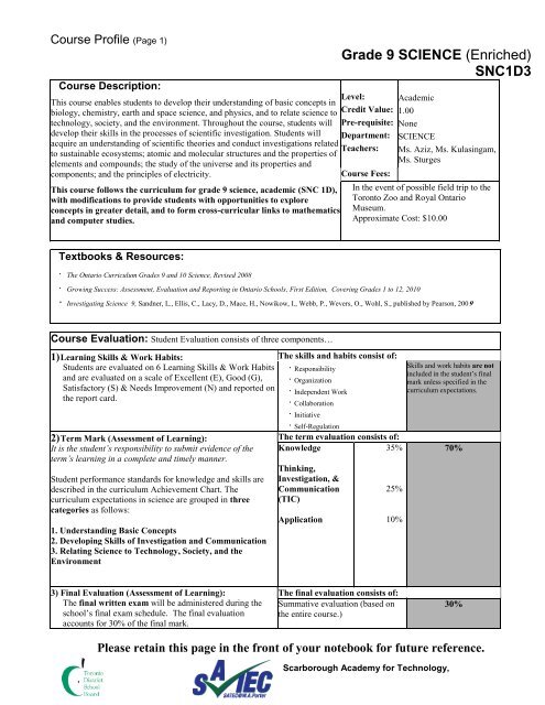 grade 9 science assignments