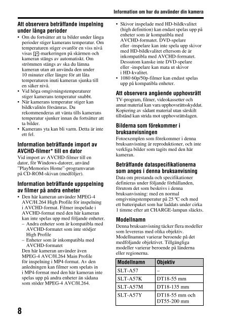 Sony SLT-A57M - SLT-A57M Istruzioni per l'uso Svedese