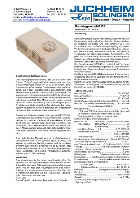 Raumhygrostat HG120 - Juchheim Solingen