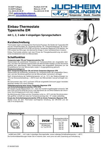 Einbau-Thermostate Typenreihe EM - Juchheim Solingen