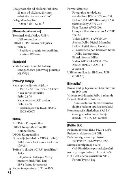 Sony ILCE-6000Y - ILCE-6000Y Istruzioni per l'uso Croato