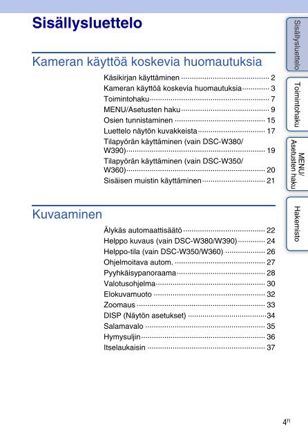 Sony DSC-W390 - DSC-W390 Istruzioni per l'uso Finlandese