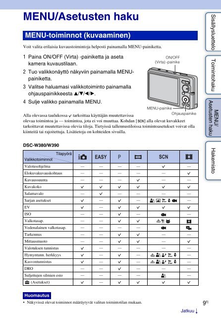 Sony DSC-W390 - DSC-W390 Istruzioni per l'uso Finlandese