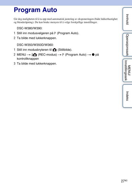 Sony DSC-W350D - DSC-W350D Istruzioni per l'uso Norvegese