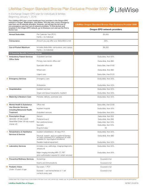 LifeWise Oregon Standard Bronze Plan Exclusive Provider 5000