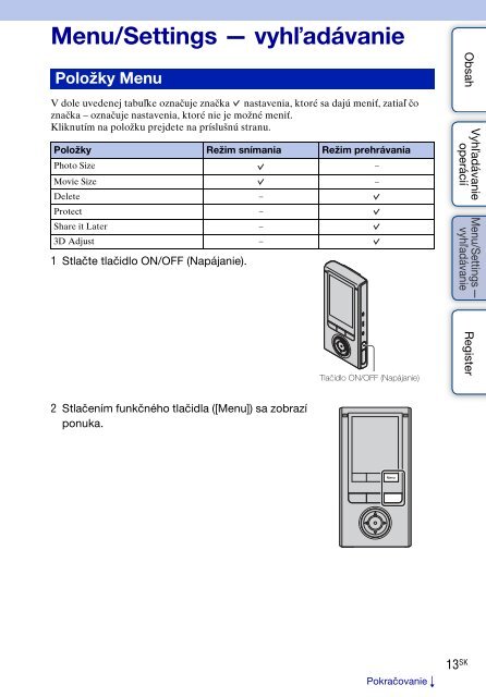 Sony MHS-FS3K - MHS-FS3K Istruzioni per l'uso Slovacco