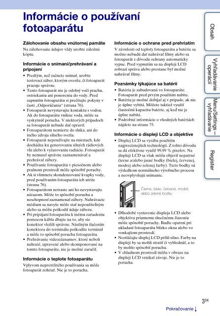 Sony MHS-FS3K - MHS-FS3K Istruzioni per l'uso Slovacco