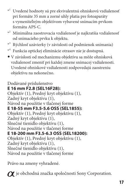 Sony SAL1855 - SAL1855 Istruzioni per l'uso Slovacco