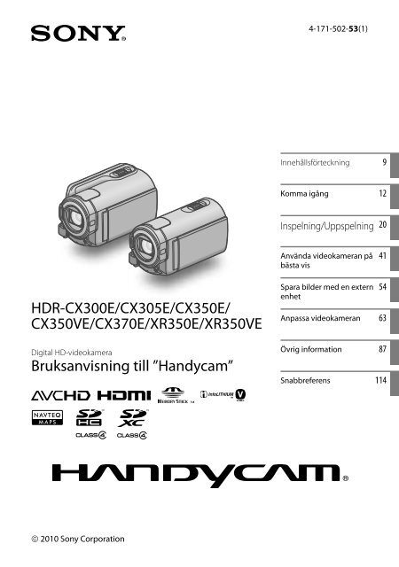 Sony HDR-XR350E - HDR-XR350E Istruzioni per l'uso Svedese