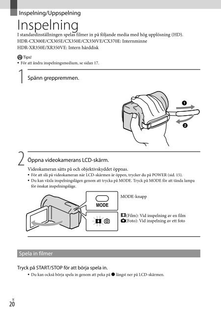 Sony HDR-XR350E - HDR-XR350E Istruzioni per l'uso Svedese