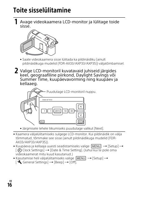 Sony FDR-AXP33 - FDR-AXP33 Istruzioni per l'uso Estone