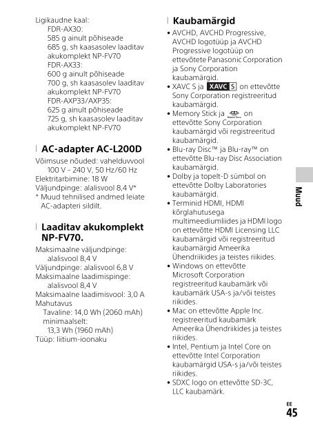 Sony FDR-AXP33 - FDR-AXP33 Istruzioni per l'uso Estone