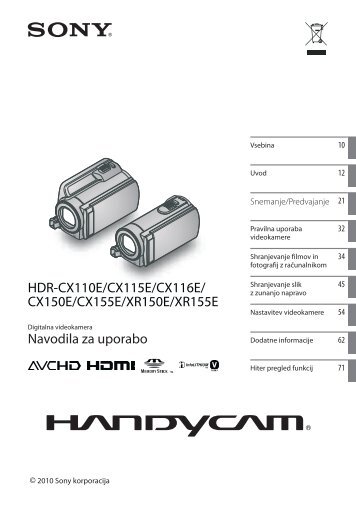 Sony HDR-XR150E - HDR-XR150E Istruzioni per l'uso Sloveno