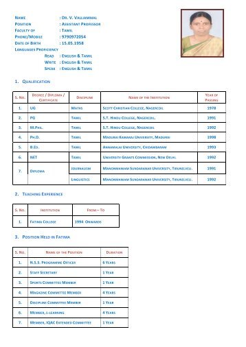 1 QUALIFICATION 2 TEACHING EXPERIENCE 3 POSITION HELD FATIMA