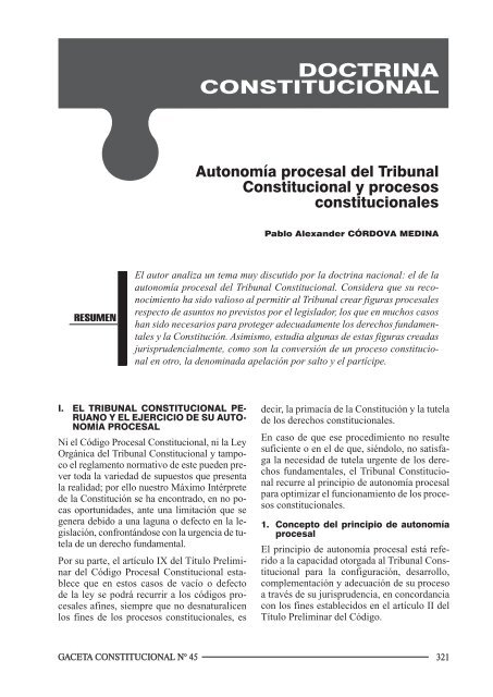 Autonomía Procesal Del Tribunal Constitucional Y Procesos Constitucionales