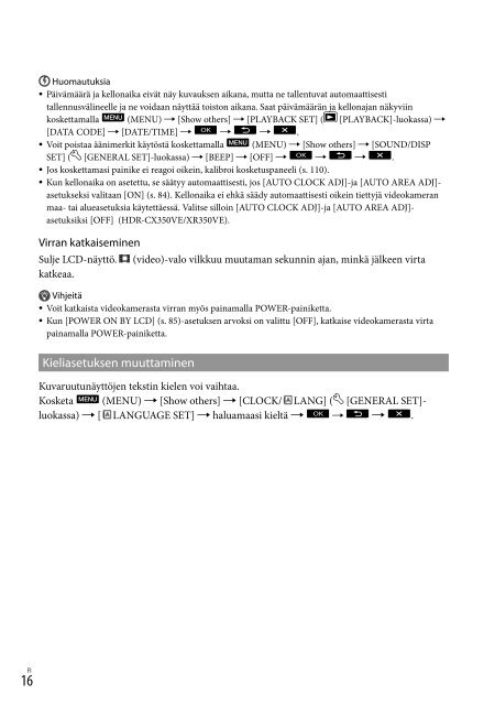 Sony HDR-CX370E - HDR-CX370E Istruzioni per l'uso Finlandese