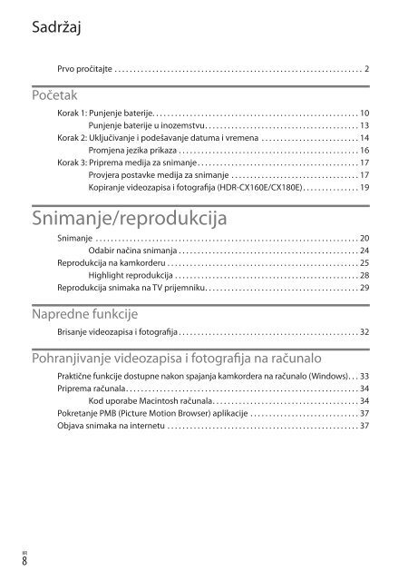 Sony HDR-CX160E - HDR-CX160E Istruzioni per l'uso Croato