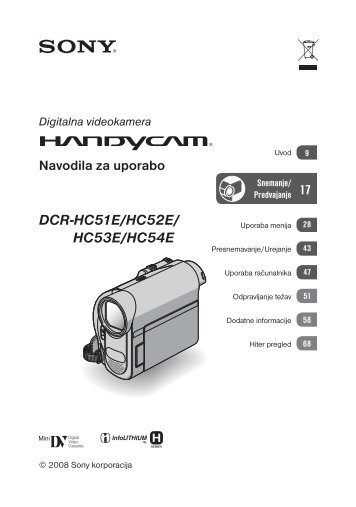 Sony DCR-HC52E - DCR-HC52E Istruzioni per l'uso Sloveno