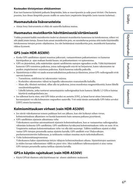 Sony HDR-AS30VR - HDR-AS30VR Guida all&rsquo;uso Finlandese