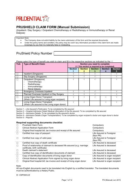 PRUSHIELD CLAIM FORM (Manual Submission) PruShield Policy Number