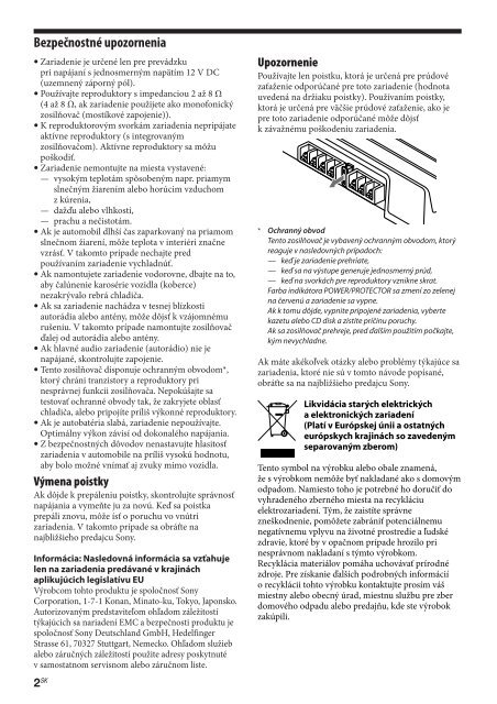 Sony XM-GTX6020 - XM-GTX6020 Istruzioni per l'uso Slovacco