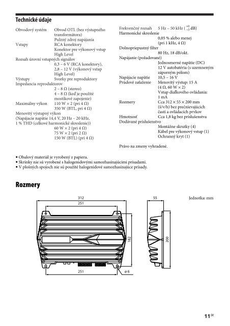 Sony XM-GTX6020 - XM-GTX6020 Istruzioni per l'uso Slovacco