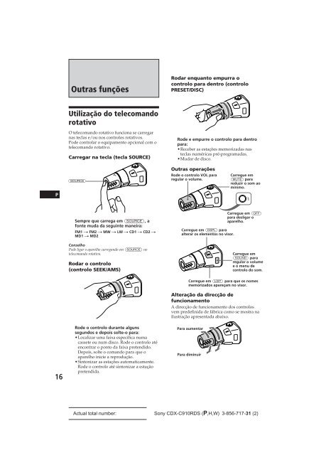 Sony CDX-C910RDS - CDX-C910RDS Istruzioni per l'uso Portoghese