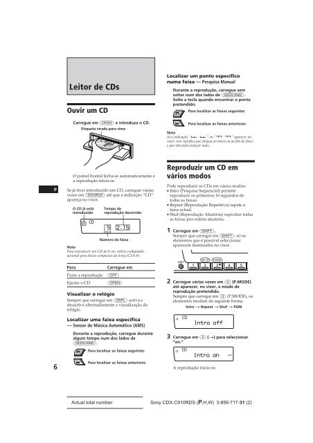 Sony CDX-C910RDS - CDX-C910RDS Istruzioni per l'uso Portoghese