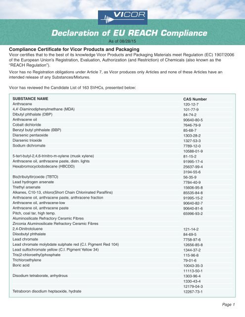 Declaration of EU REACH Compliance