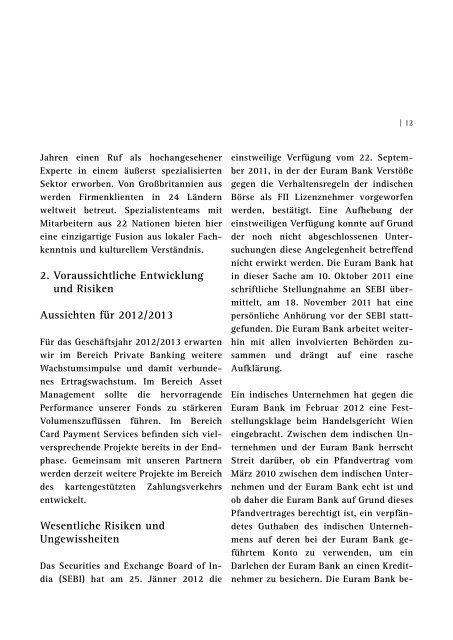 Geschäftsbericht der Euram Bank Wien 2011/2012