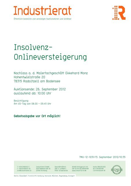 Insolvenz- Onlineversteigerung - Industrie Rat