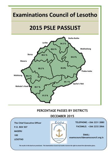 Examinations Council of Lesotho 2015 PSLE PASSLIST