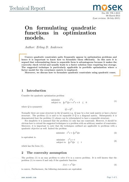 On formulating quadratic functions in optimization models