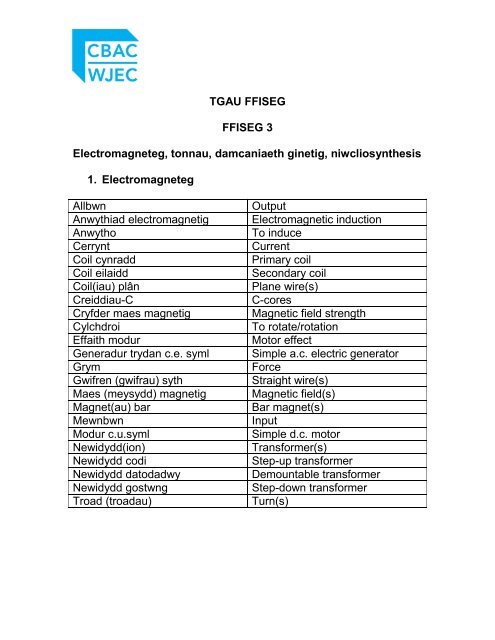 GCSE Physics - Welsh Terminology (New) - WJEC