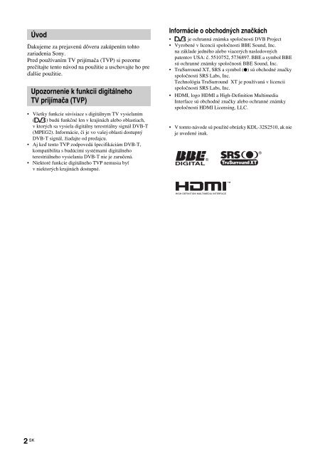 Sony KDL-40S2510 - KDL-40S2510 Istruzioni per l'uso Slovacco
