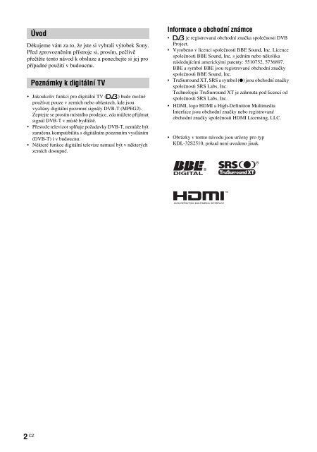 Sony KDL-40S2510 - KDL-40S2510 Istruzioni per l'uso Ceco