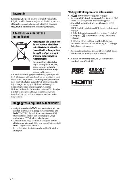 Sony KDL-26U2520 - KDL-26U2520 Istruzioni per l'uso Ungherese