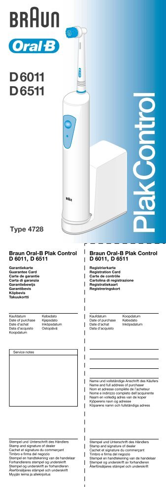 Braun Plak Control-D6011, D 6013, D6021, D6511 - D6011, D6511, PlakControl DE, UK, FR, ES, PT, IT, NL, DK, NO, SE, FIN