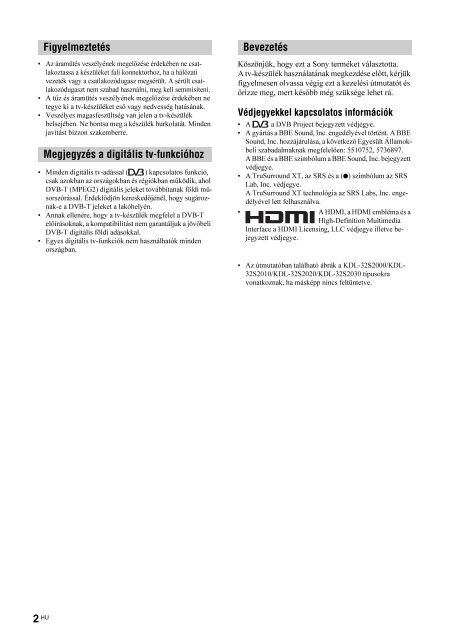 Sony KDL-32S2020 - KDL-32S2020 Istruzioni per l'uso Ungherese