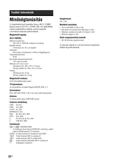 Sony KLV-15SR3E - KLV-15SR3E Istruzioni per l'uso Ungherese