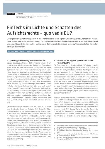 FinTechs im Lichte und Schatten des Aufsichtsrechts – quo vadis EU?