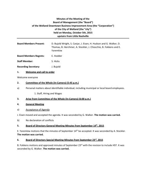 Minutes of the Meeting of the Board of ... - City of Welland