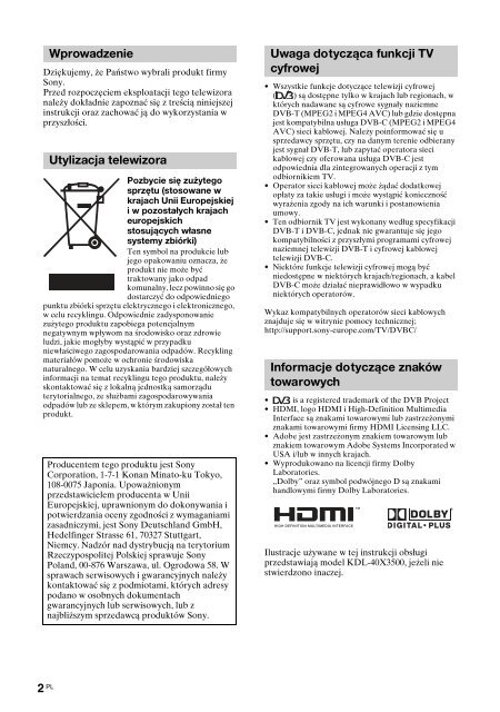 Sony KDL-46X3500 - KDL-46X3500 Istruzioni per l'uso Polacco
